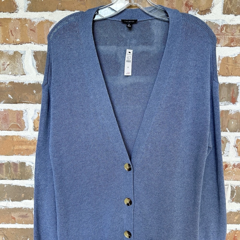 Talbots Cardigan Women's Medium Long Button Periwinkle Blue Cotton Linen NWT